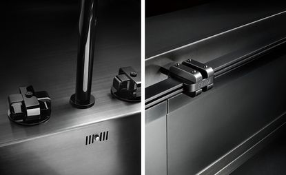 Left, distinctive taps complete the industrial aesthetic of Fendi Cucine’s stainless steel ‘Kurkum’ kitchen, designed by Marco Costanzi. Right, robust detailing takes its cues from professional kitchens.