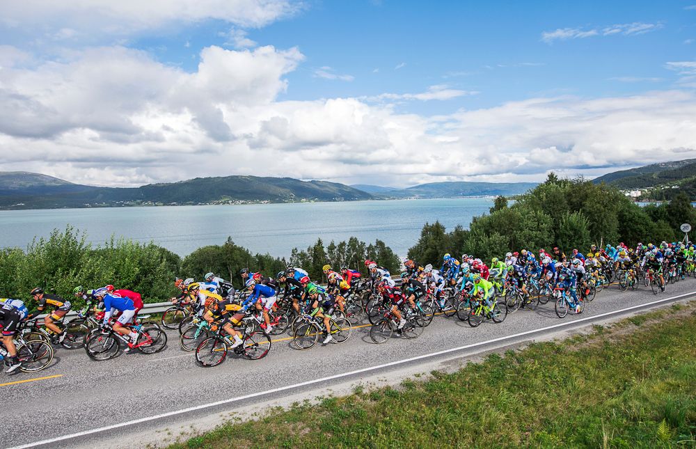 Cyclists ride during the 198,5 km second stage of the Arctic Race of Norway between Mo i Rana and Sandnessjoen