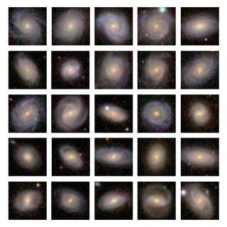 Images of 25 Milky Way analog galaxies found by astronomers Timothy Licquia and Jeffrey Newman. These objects are shown in order from bluest (top left) to reddest (bottom right) overall color. They are relatively close to the Milky Way - about 500 million light years away; the light seen left at a time when the first fish were appearing in the oceans on Earth.