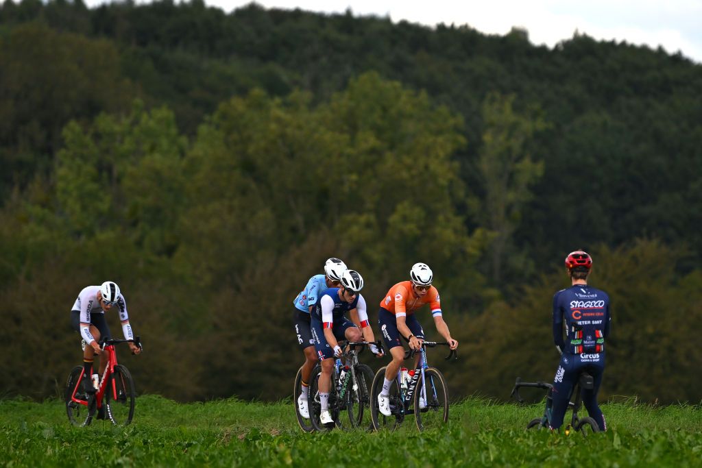 HASSELT BELGIUM SEPTEMBER 13 LR Senne Hulsmans of Team Belgium Pierre Gautherat of Team France and Tibor Del Grosso of Team Netherlands compete in the breakaway during the 30th UEC Road Cycling European Championships 2024 Mens U23 Road Race a 162km one day race from HeusdenZolder to Hasselt UCIWT on September 13 2024 in Hasselt Belgium Photo by Luc ClaessenGetty Images