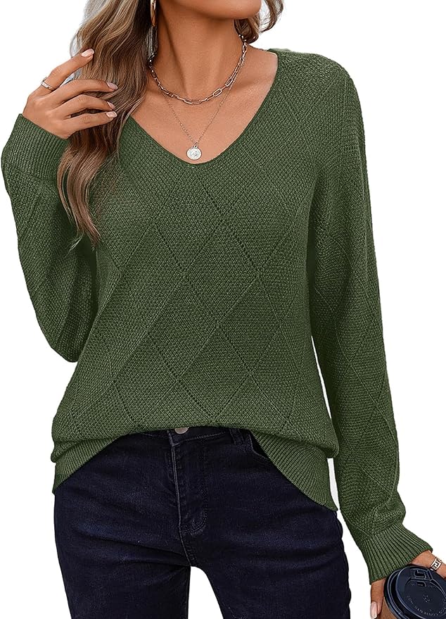 Zeagoo, Zeagoo Women Green Sweaters Crochet Long Sleeve Lightweight V Neck Knit Pullover Tops Fall Outfits Fashion 2025