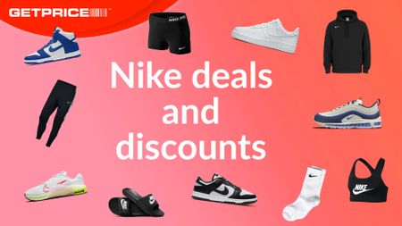 Orange and pink background with red GetPrice logo on top left corner with white writing that says Nike deals and discounts in the middle of the page with scattered images of Nike products around it, including shoes, shorts, leggings and more