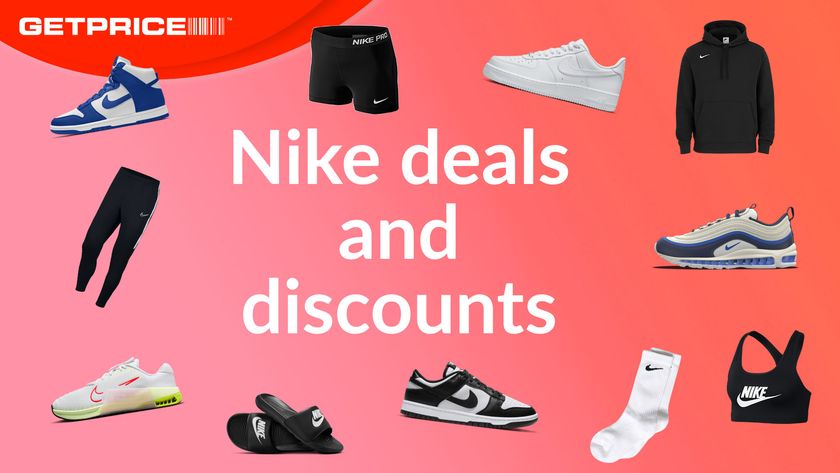 Orange and pink background with red GetPrice logo on top left corner with white writing that says Nike deals and discounts in the middle of the page with scattered images of Nike products around it, including shoes, shorts, leggings and more