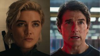 A teary eyed Florence Pugh in Thunderbolts*, pictured next to a teary eyed Tom Cruise from Mission: Impossible - The Final Reckoning.