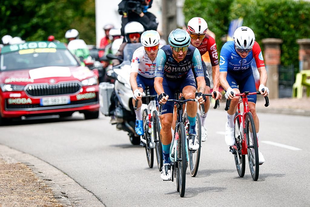 French Matteo Vercher of TotalEnergies, Italian Damiano Caruso of Bahrain Victorious, French Baptiste Veistroffer of Lotto Intermarche and French Ewen Costiou of Groupama-FDJ United pictured in action during the stage 12 of the 2026 Tour de France cycling race, a stage of 181km from Nevers Magny-Cours to Chalon-sur-Saone, on Thursday 16 July 2026. The 113th edition of the Tour de France starts on Saturday 4 July in Barcelona, Spain, and will finish in Paris, France on the 26th of July. BELGA PHOTO POOL LUCA BETTINI (Photo by POOL LUCA BETTINI / BELGA MAG / Belga via AFP)