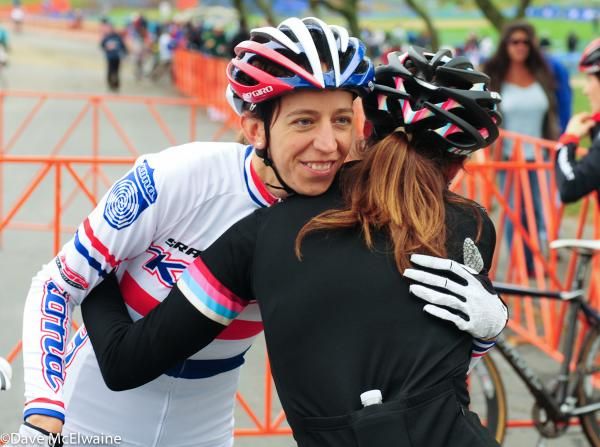 Helen Wyman greets her UK countrywoman Gabby Day