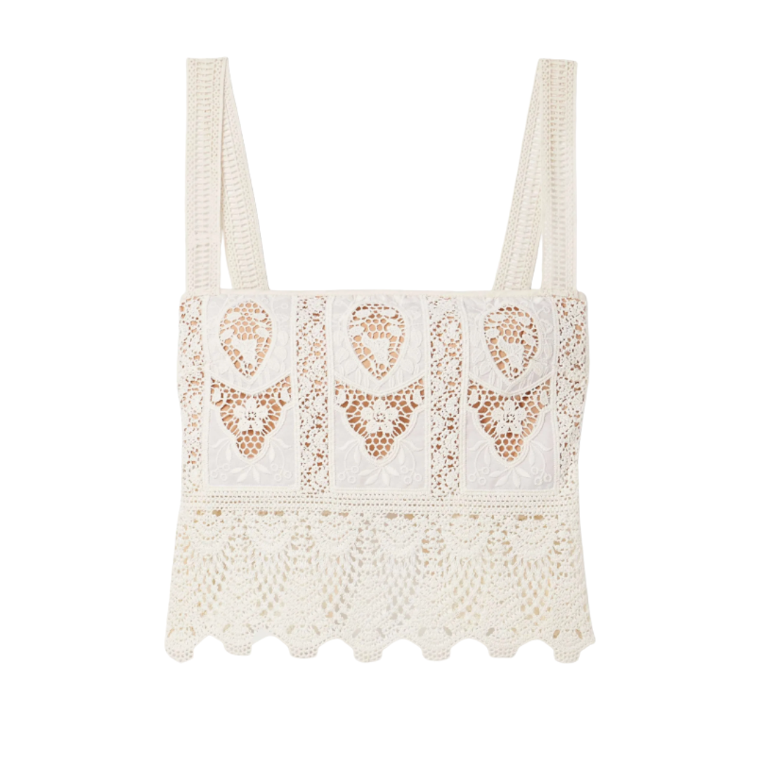 JOHANNA ORTIZ, Casablanca Cropped Embroidered Voile and Crocheted Tank