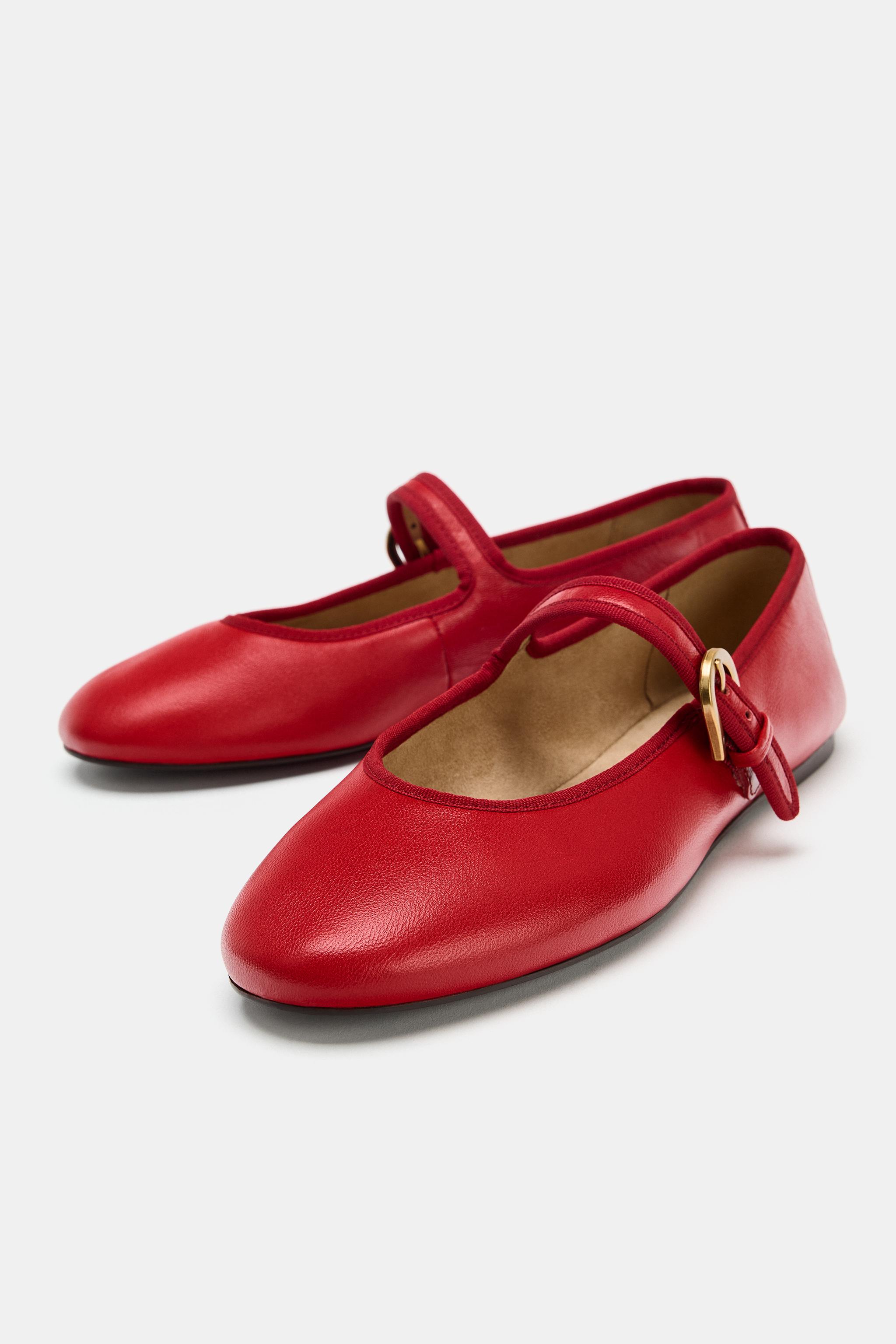 Flat Leather Ballet Flats - Red - 5