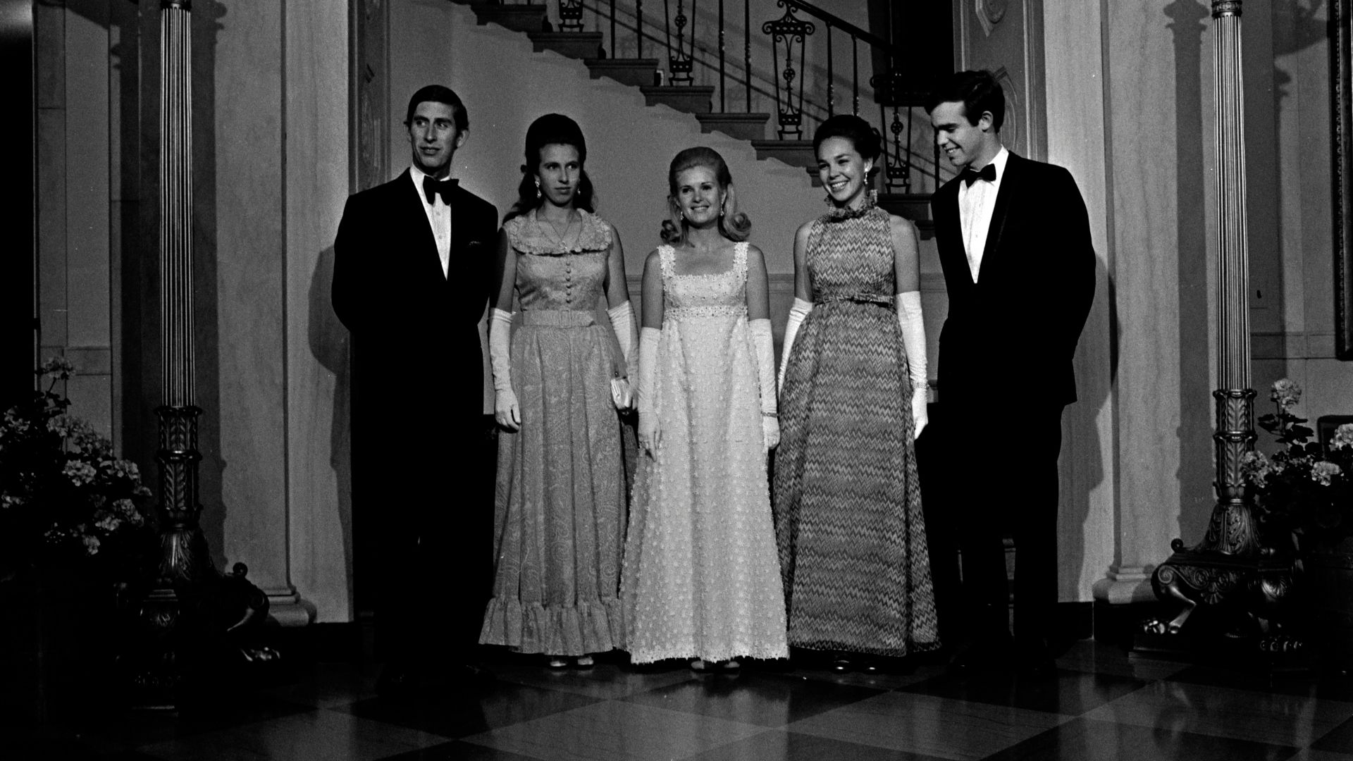 King Charles, Princess Anne, Tricia Nixon, Julie Nixon, and David Eisenhower