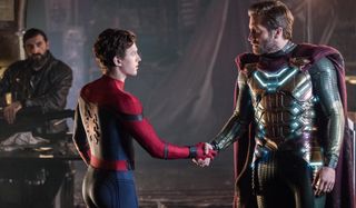 Spider-Man: Far From Home Peter and Quentin shake hands in costume