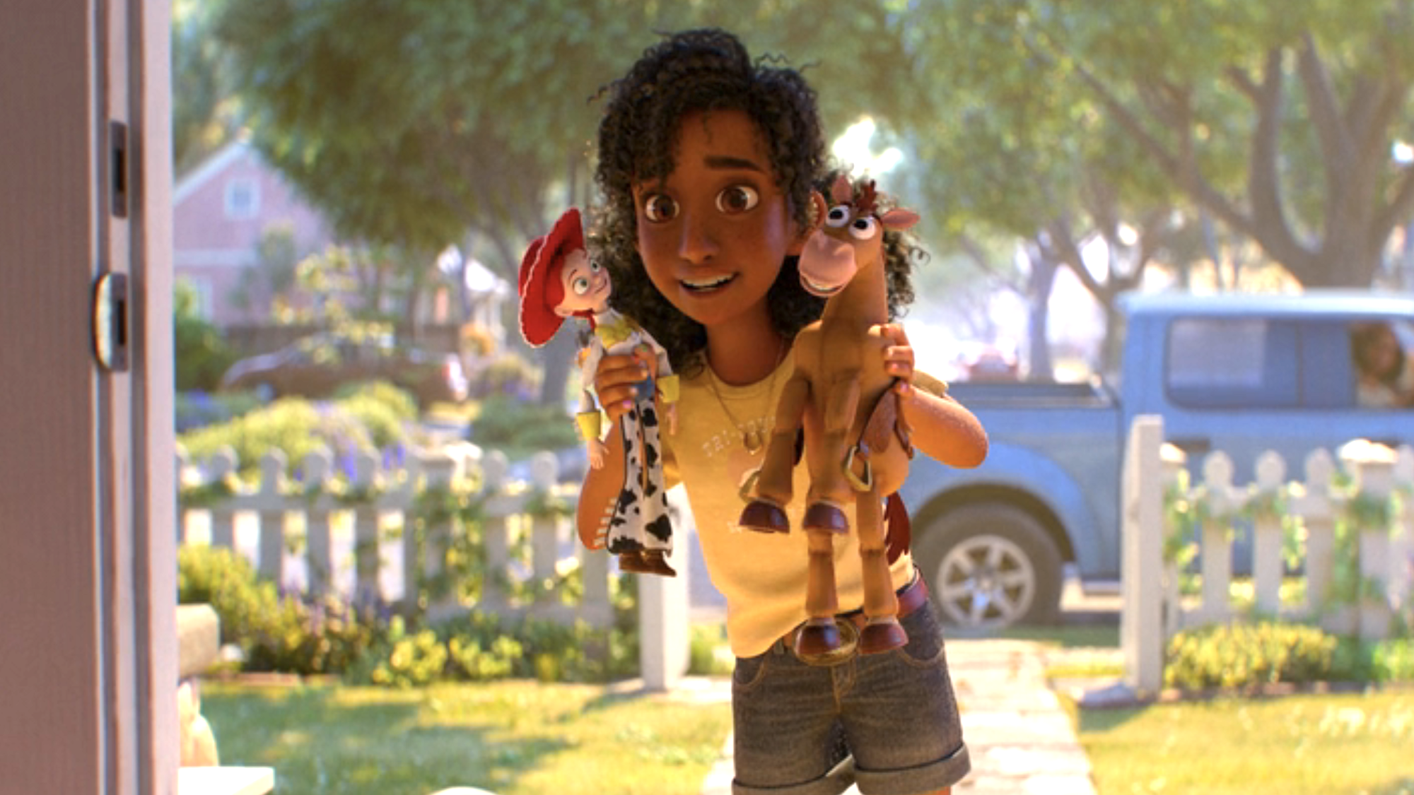 Blaze holding Jessie and Bullseye at Bonnie's doorstep in Toy Story 5