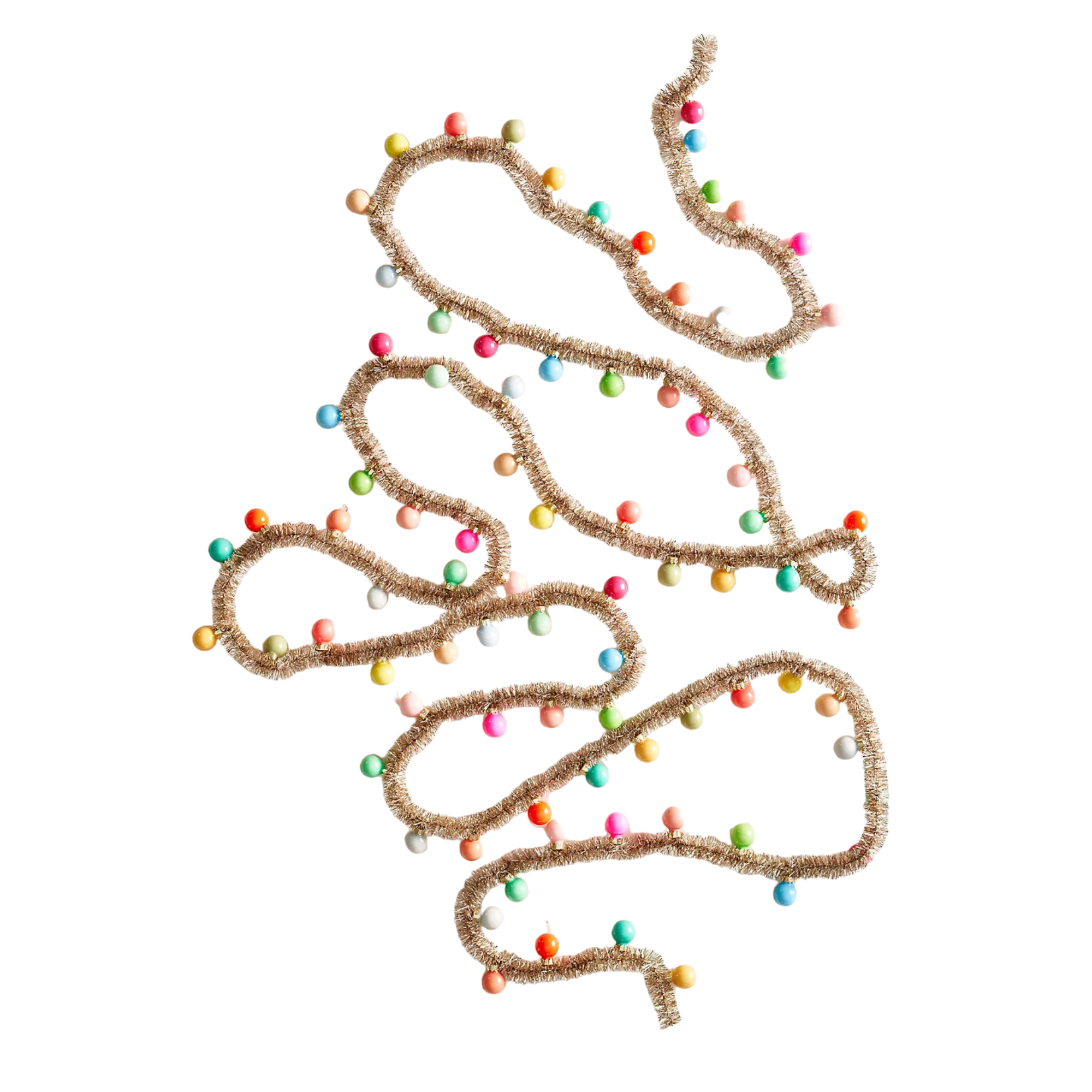 a gold tinsel garland strand with colorful baubles on it
