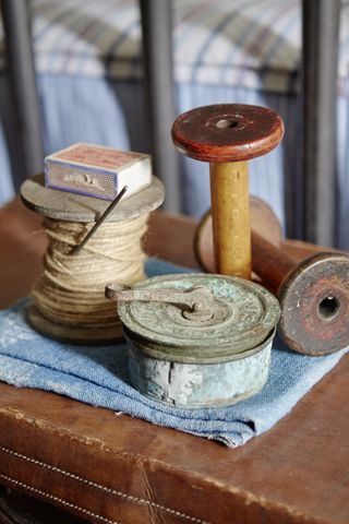 vintage sewing accessories thread matches wooden reels