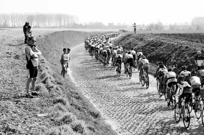 The peloton bounces up the Holleweg during the Dwars door Vlaanderen