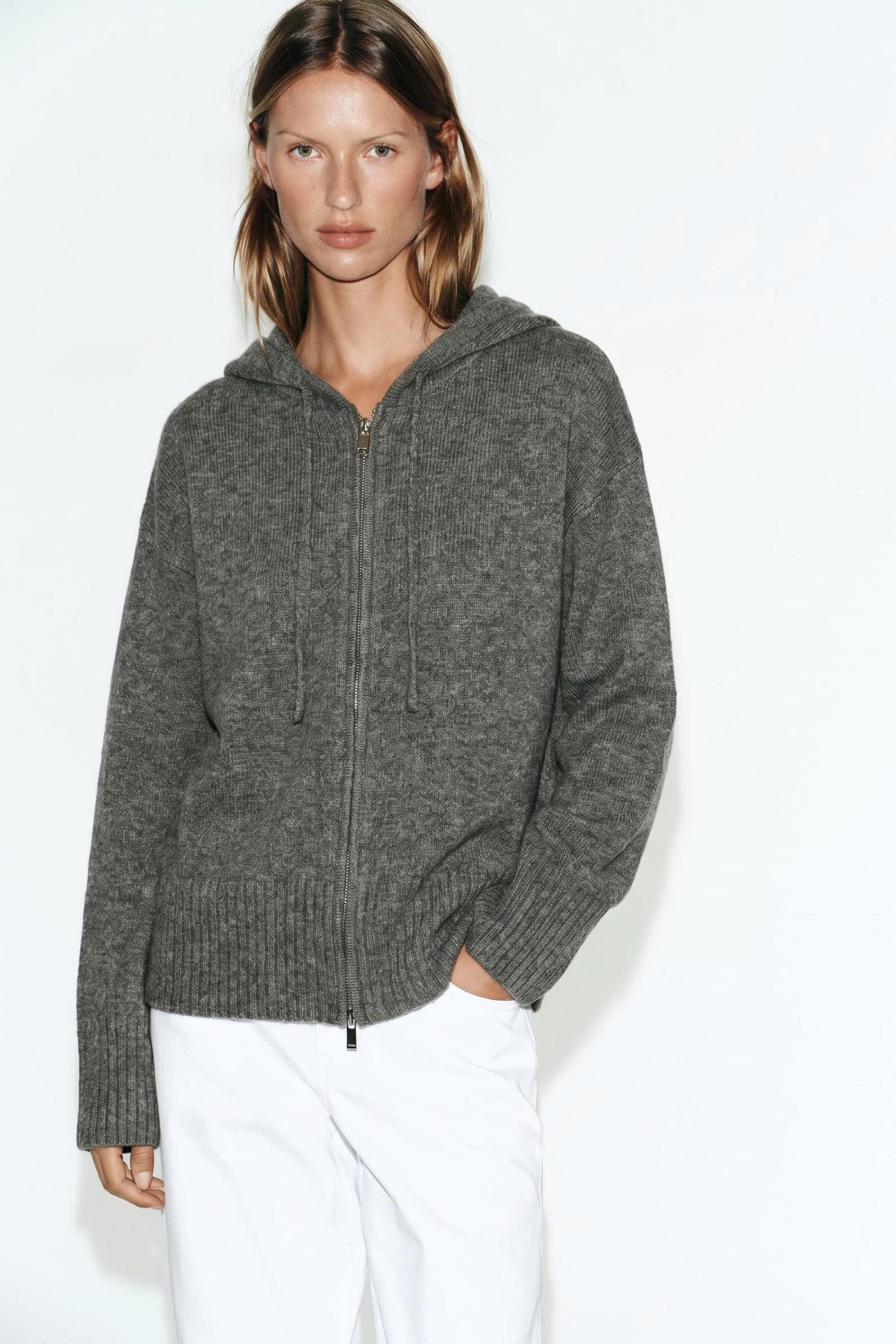 Hooded Knit Sweatshirt - Mid-Gray - S