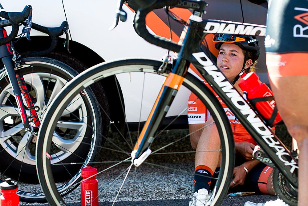 Catherine Ouellette takes a breath after a tough stretch of road.