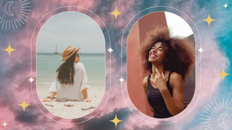 women smiling at the beach outside on starry background meant to symbolize june astrology events