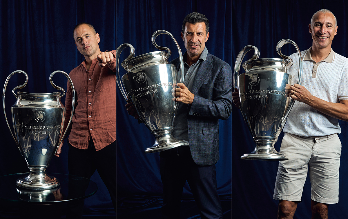 Joe Cole, Luis Figo and Henrik Larsson posing with the Champions League trophy