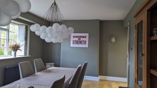 dining room with large lights