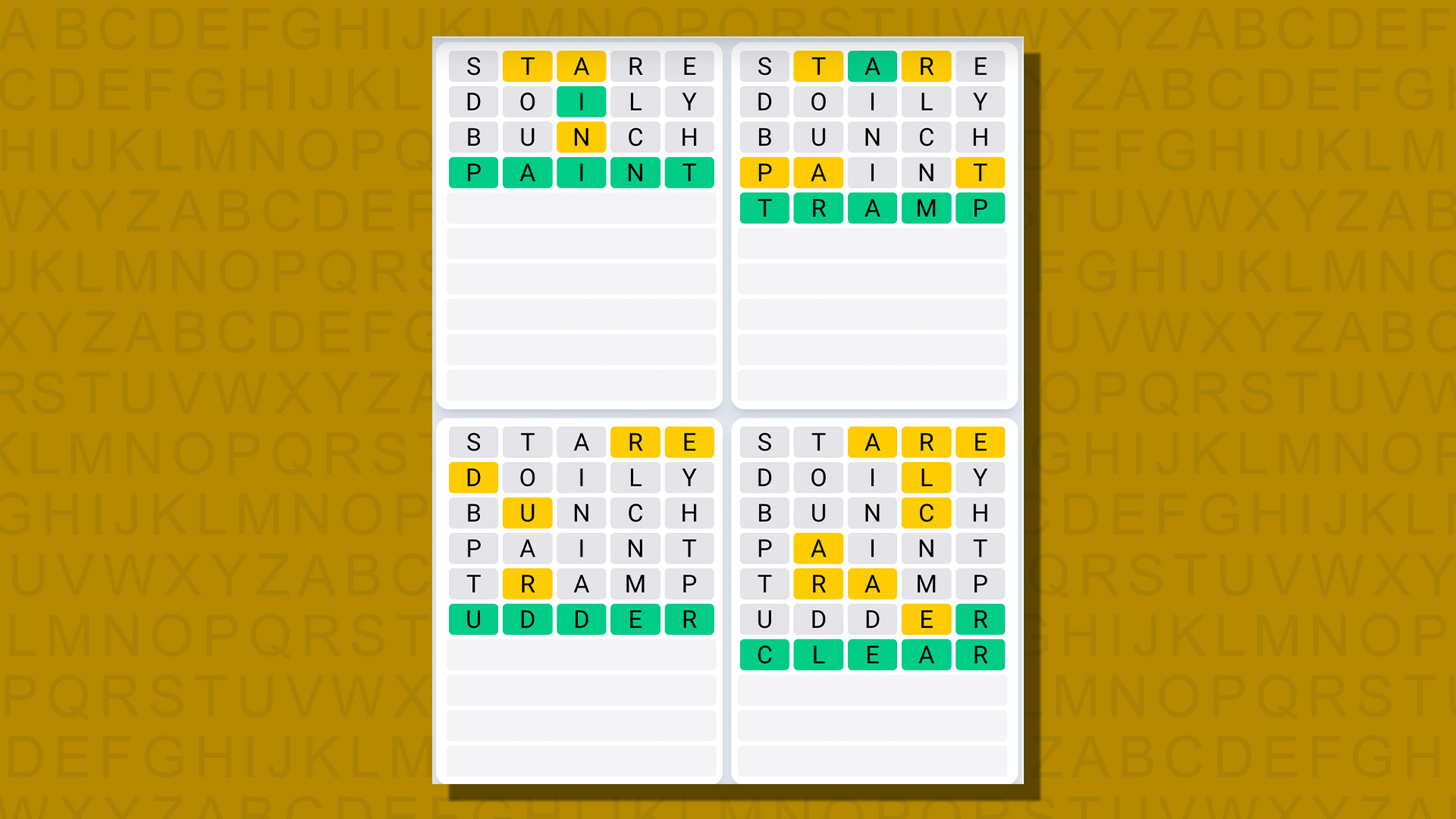 Ежедневная последовательность ответов Quordle для игры 708 на желтом фоне
