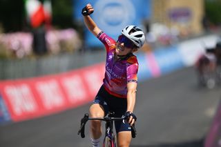 TOANO ITALY JULY 09 Niamh FisherBlack of New Zealand and Team SD Worx Protime celebrates at finish line as stage winner during the 35th Giro dItalia Women 2024 Stage 3 a 113km stage from Sabbioneta to Toano 899m UCIWWT on July 09 2024 in Toano Italy Photo by Luc ClaessenGetty Images