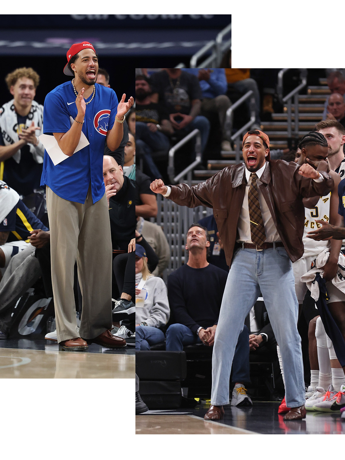Two side-by-side photos of Tyrese Haliburton on the sidelines at Indiana Pacers games in the 2025/26 NBA season.