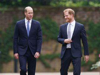 Prince William, Duke of Cambridge (left) and Prince Harry, Duke of Sussex arrive for the unveiling of a statue they commissioned of their mother Diana