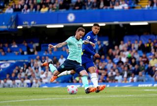 Leicester City’s James Maddison (left) scores their side’s first goal of the game during the Premier League match at Stamford Bridge, London. Picture date: Thursday May 19, 2022