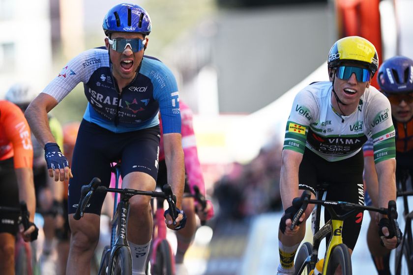 FIGUERES SPAIN MARCH 25 LR Ethan Vernon of United Kingdom and Team IsraelPremier Tech celebrates at finish line as stage winner ahead of Matthew Brennan of United Kingdom and Team Visma Lease A Bike Green Leader Jersey during the 104th Volta Ciclista a Catalunya 2025 Stage 2 a 1773km stage from Banyoles to Figueres UCIWT on March 25 2025 in Figueres Spain Photo by Szymon GruchalskiGetty Images