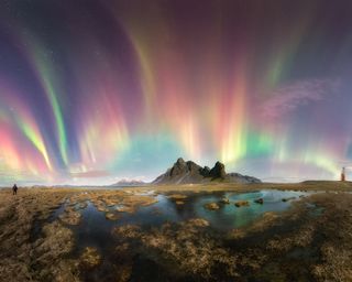 A view of the Eystrahorn Mountain on the night of a KP7 storm (a strong geomagnetic storm that can cause aurorae and upset electrical power systems). The intensity of the storm resulted in the impressive range of colours in the sky