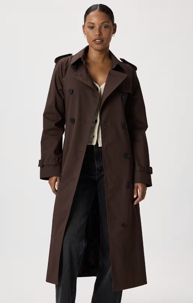 Quince, Comfort Stretch Long Trench Coat in Coffee Bean Brown