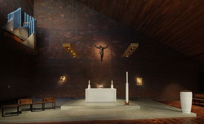 Interior of church with alter, candles and seating