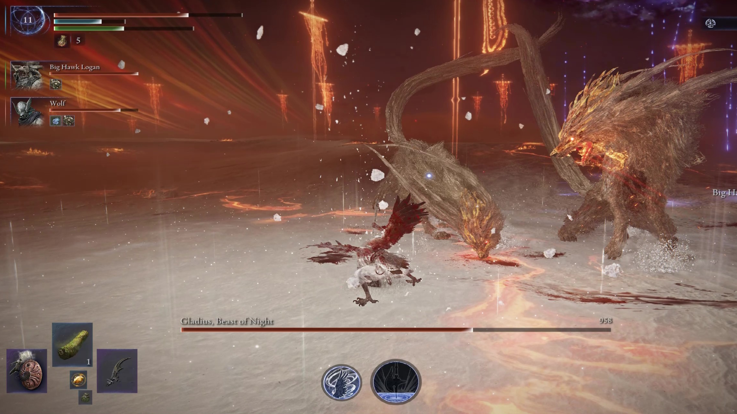 Elden Ring Nightreign Guardian build: Guardian creating a defensive area using his ultimate while fighting Gladius, the three-headed fire wolf.