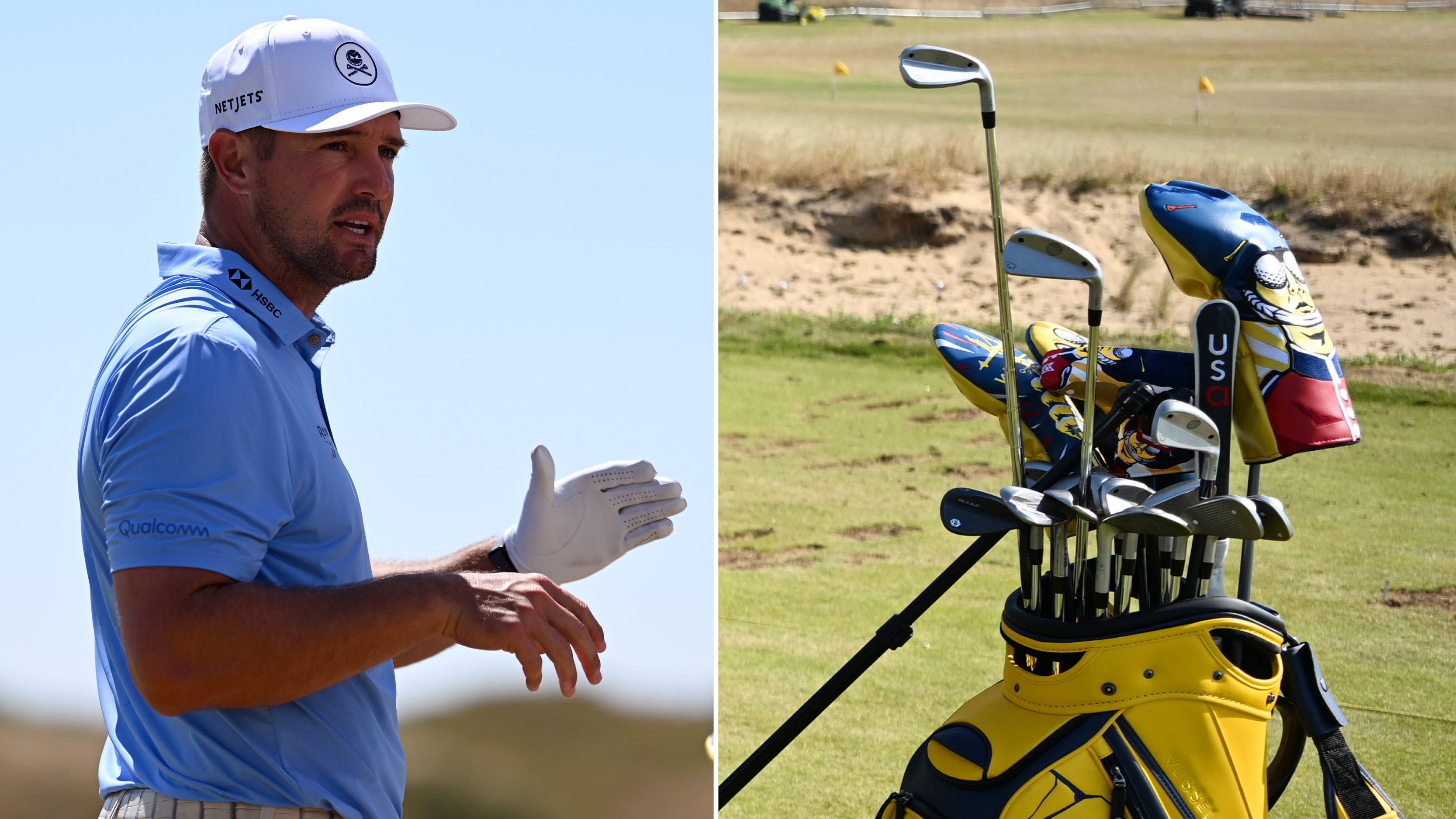 Bryson DeChambeau speaks about a shot on the range, with a close up of his golf bag