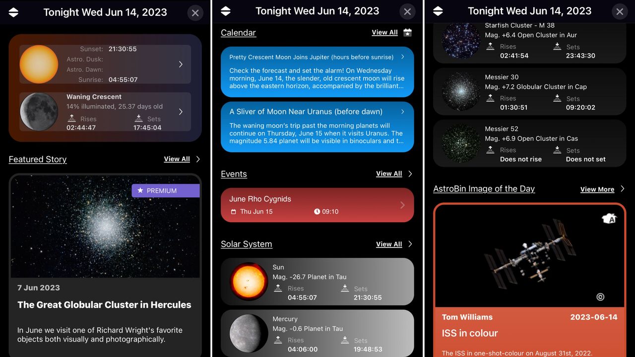 Tonight widget displaying 'Featured Story', 'Events', and 'AstroBin Image of the Day'.