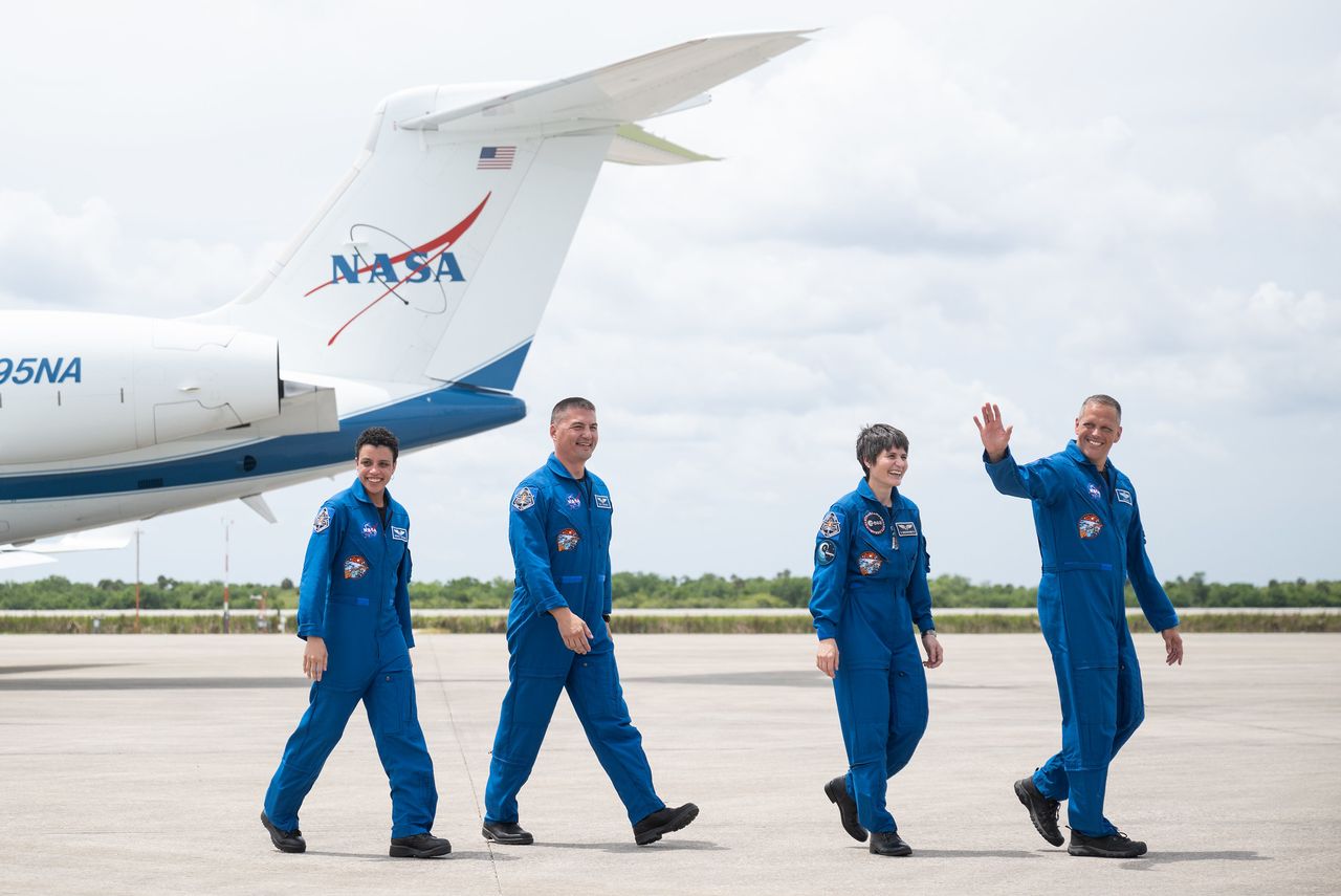 (From the left) NASA astronauts Jessica Watkins, Kjell Lindgren, ESA astronaut Samantha Cristoforetti and NASA astronaut Robert Hines after their arrival in Florida on April 18, 2022 ahead of their April 23 Crew-4 flight.