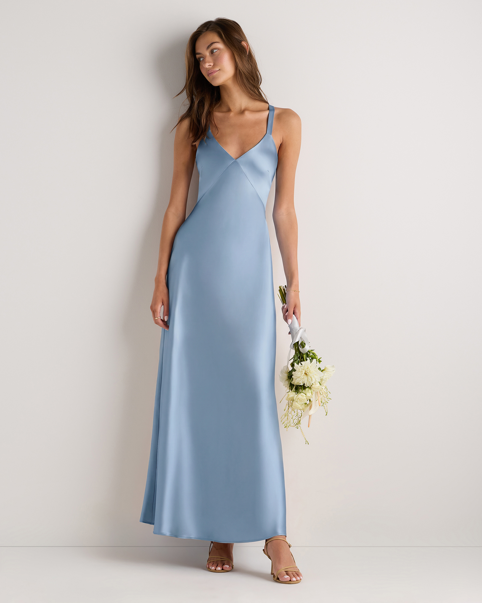 Bianca Stretch Satin Dress in Dusty Steel Blue