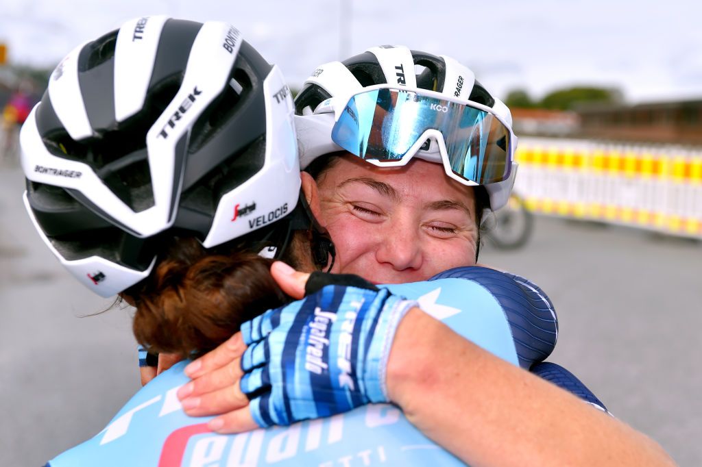 HALDEN NORWAY AUGUST 15 Chloe Hosking of Australia and Team Trek Segafredo celebrates winning stage with her teammate during the 7th Ladies Tour Of Norway 2021 Stage 4 a 1416km stage from Drbak to Halden LTourOfNorway LTON21 UCIWWT on August 15 2021 in Halden Norway Photo by Luc ClaessenGetty Images