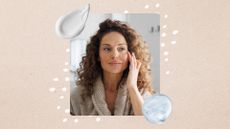Image of woman applying skincare with two product swatches against a beige background