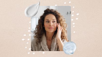Image of woman applying skincare with two product swatches against a beige background
