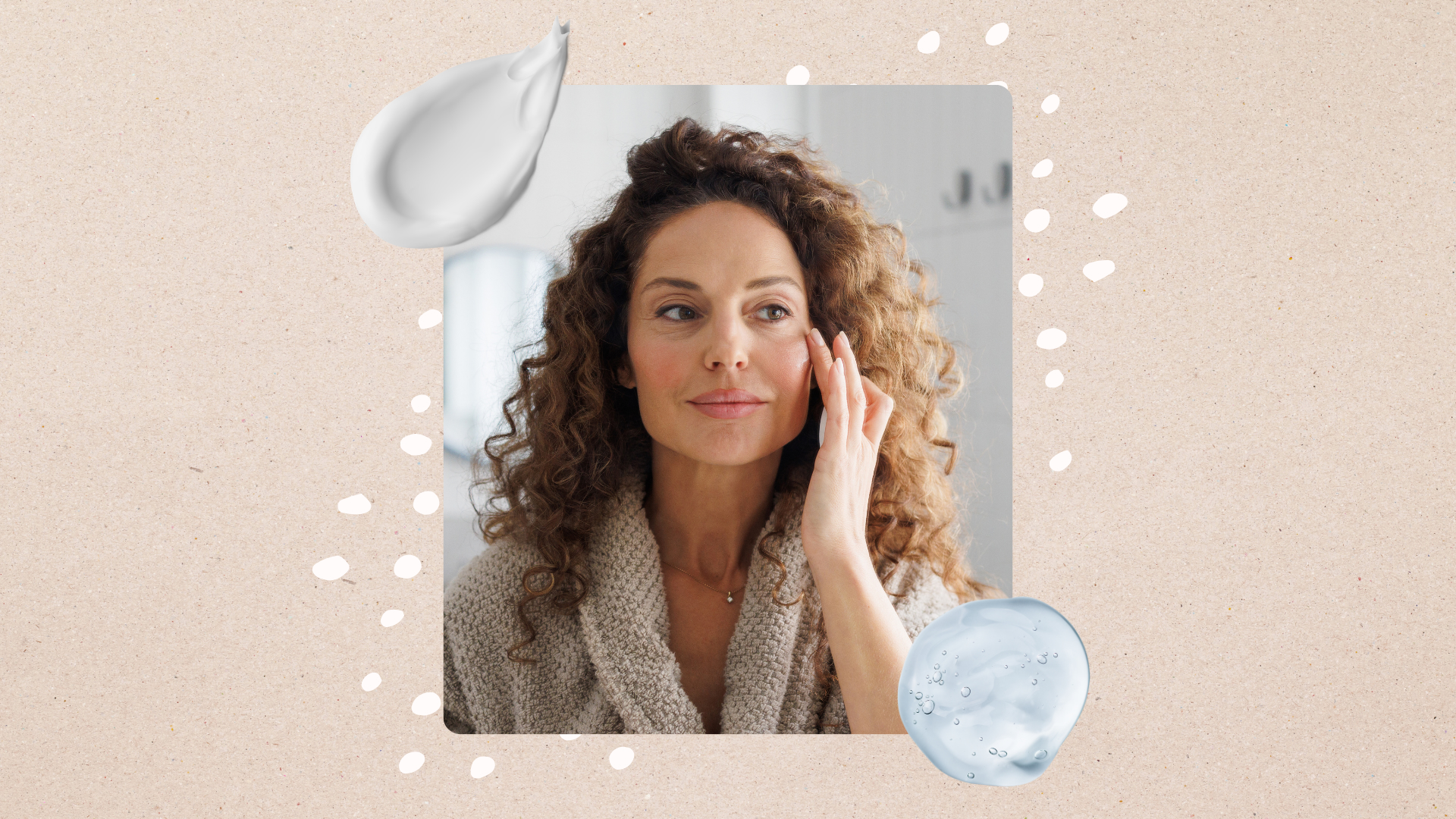 Image of woman applying skincare with two product swatches against a beige background