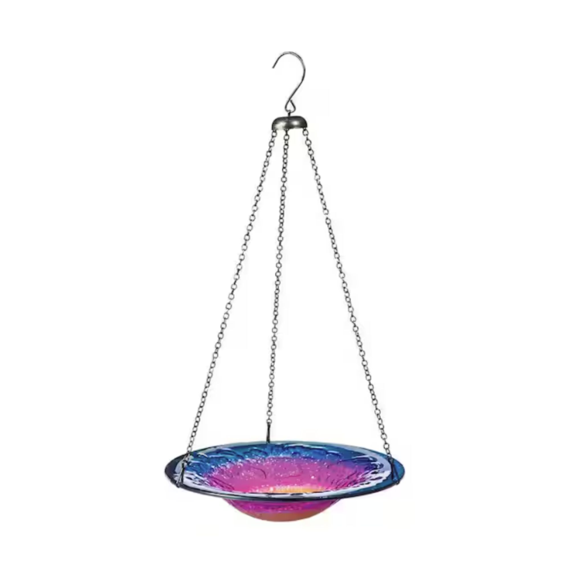 Purple and blue glass bird bath with hanging chain