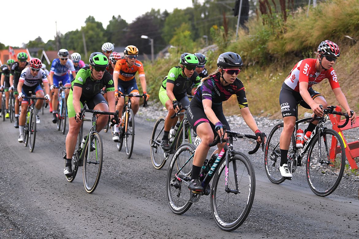 The Ladies Tour of Norway peloton takes on a bit of gravel