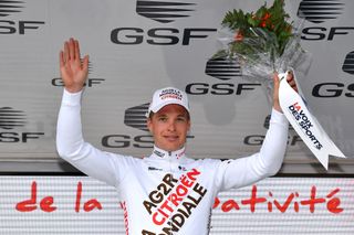 ANICHE FRANCE MAY 03 Gijs Van Hoecke of Belgium and AG2R Citren Team celebrates at podium as most combative rider prize winner during the 66th 4 Jours De Dunkerque Grand Prix Des Hauts De France 2022 Stage 1 a 161km stage from Dunkerque to Aniche on May 03 2022 in Aniche France Photo by Luc ClaessenGetty Images