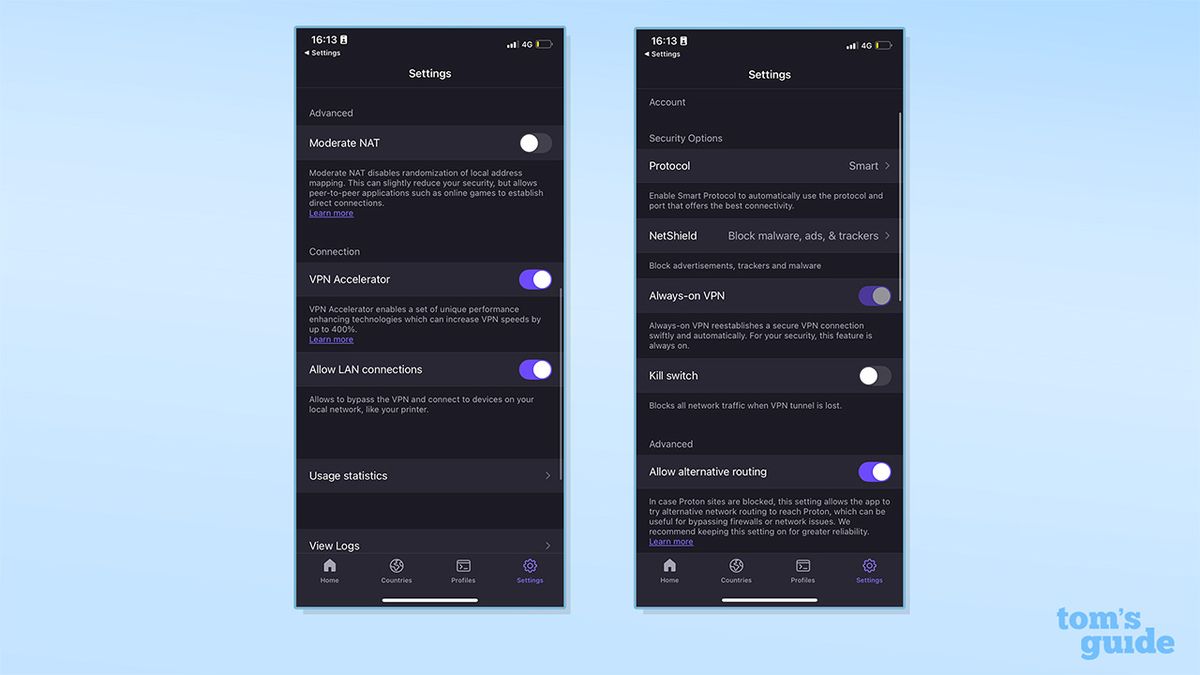 Two screenshots showing Proton VPN's settings.