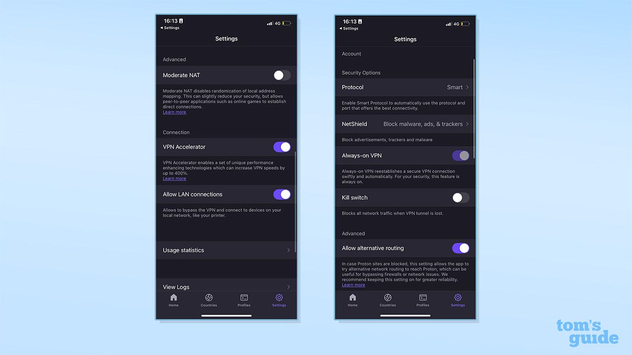 Two screenshots showing Proton VPN's settings.