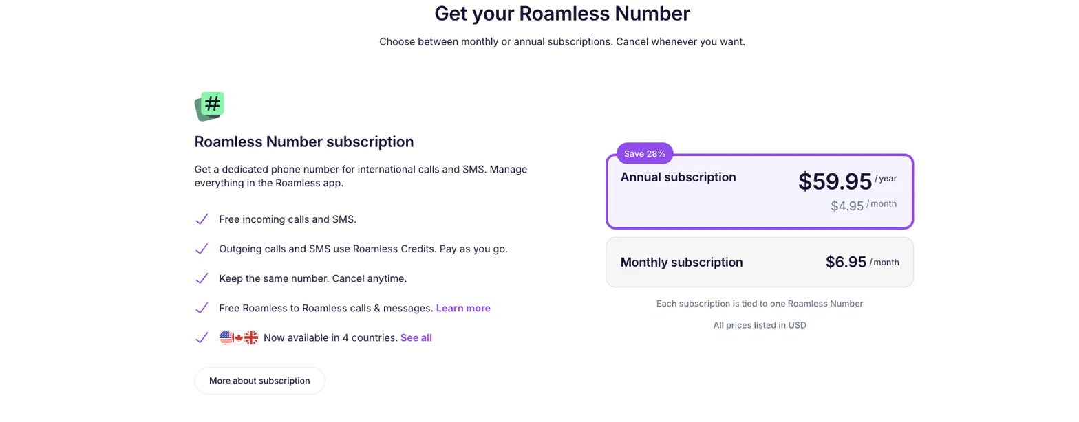 roamless number subscription pricing