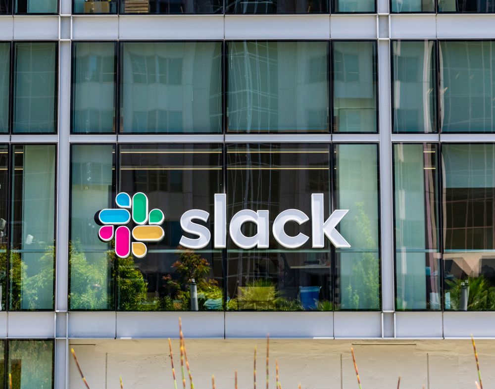 Slack&amp;#039;s logo outside its San Francisco HQ