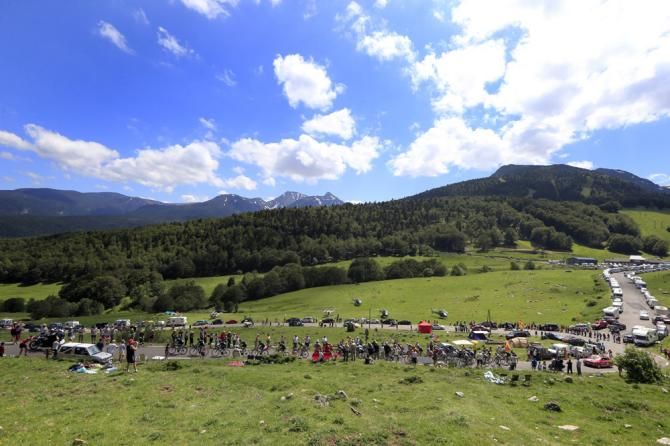 The peloton en route from Castres to Ax 3 Domaines in stage 8 at the Tour de France