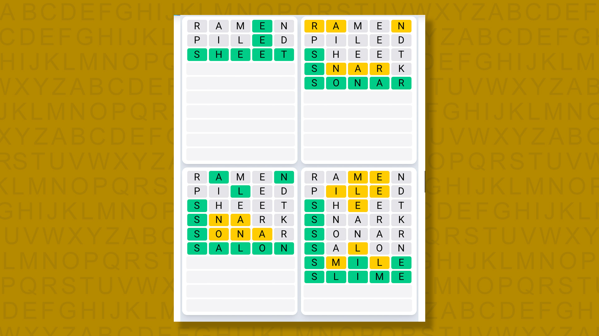 Quordle Daily Sequence answers for game 1586 on a yellow background